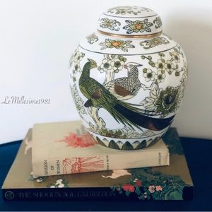 Hand Painted Japanese Chartreuse/Moss Green Gold Imari Peacock Vase/Jar